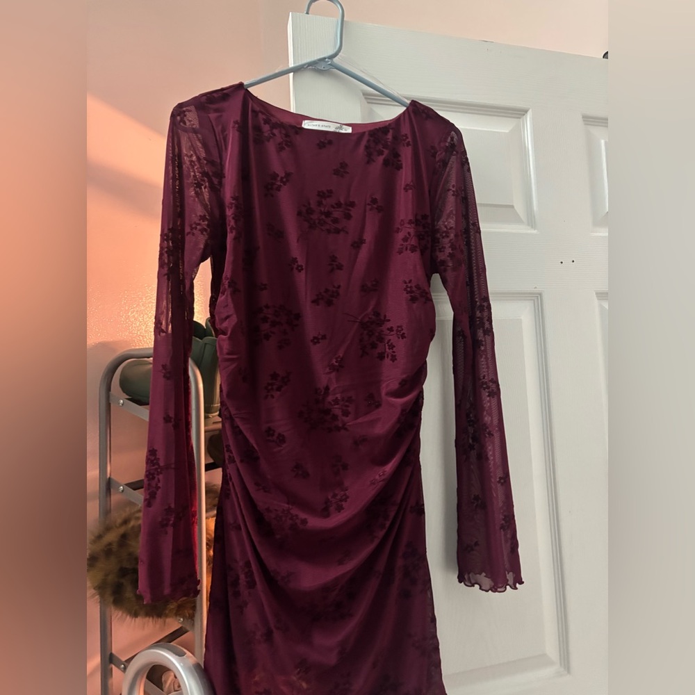 Altar'd State Burgundy Floral Mesh Long Sleeve Dress